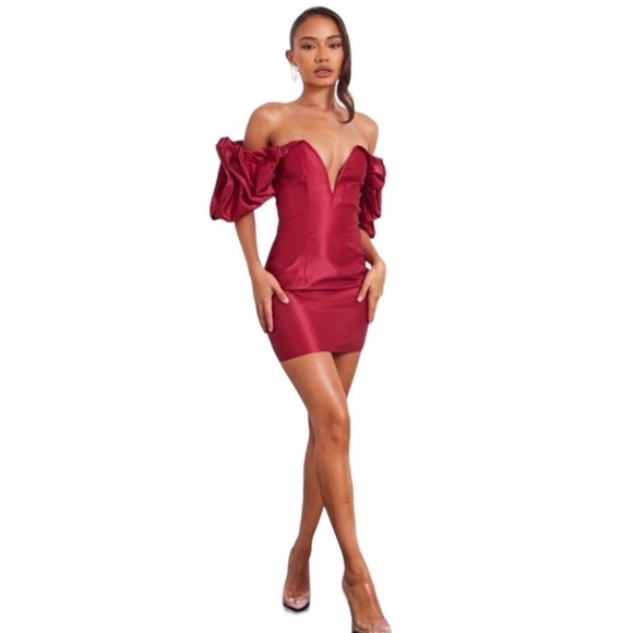 PrettyLittleThing Burgundy Satin Ruffle Low Cut Mini Dress Nwt Size 8 - Picture 2 of 6